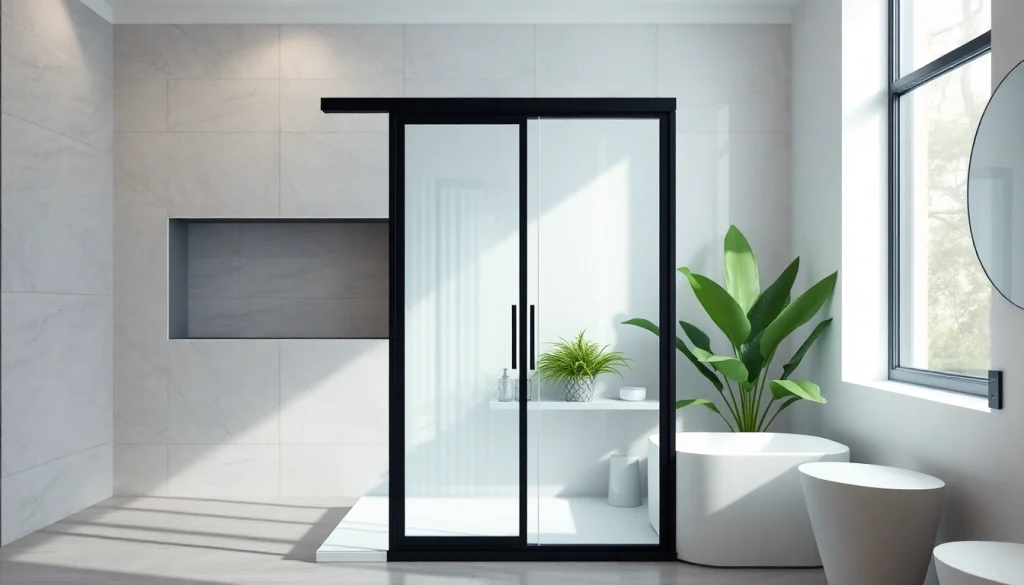 Stylish black frame shower door enhancing a modern bathroom's elegance.