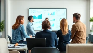 Crisis management consultant leading a team meeting with data and strategies in a professional setting.