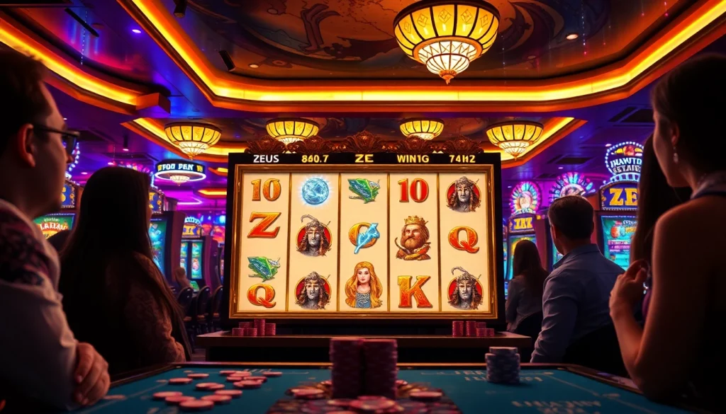 Para pemain menikmati mesin slot Zeus yang mendebarkan di sebuah kasino yang penuh warna.