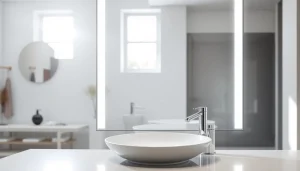 Stylish mirror with Lights enhancing a modern bathroom's elegance and brightness.