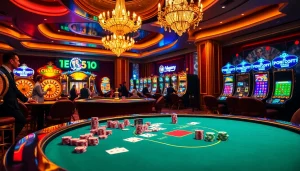 Experience thrilling gameplay at https://www.kjc.global/ with vibrant casino scenes showcasing poker, roulette, and slot action.