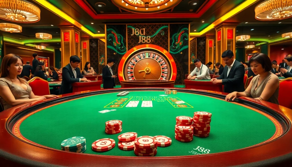 J88 branded poker chips on a luxurious casino table, capturing the thrill of winning.
