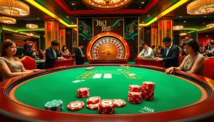 J88 branded poker chips on a luxurious casino table, capturing the thrill of winning.