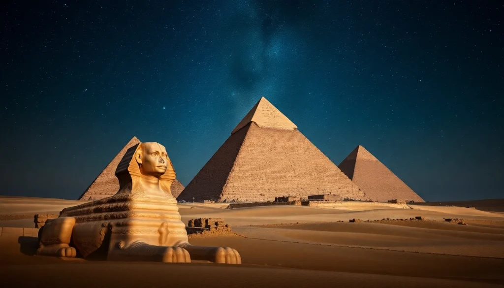 Explore the iconic piraminds amidst a starry desert landscape, capturing their grandeur.