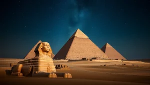 Explore the iconic piraminds amidst a starry desert landscape, capturing their grandeur.