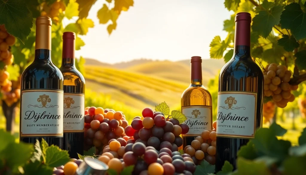 Showcasing Winery Membership, this image features elegant wine bottles surrounded by lush grapes in a serene vineyard.