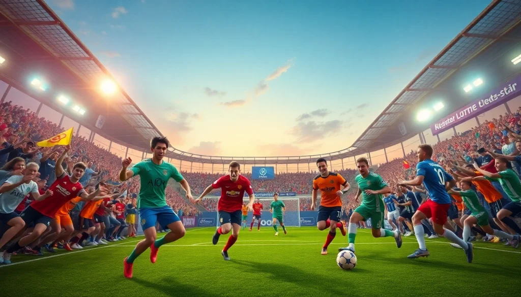 مباراة كرة قدم مثيرة على Koora TV مع اللاعبين في وضعية اللعب والجماهير تهتف.
