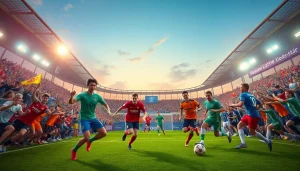 مباراة كرة قدم مثيرة على Koora TV مع اللاعبين في وضعية اللعب والجماهير تهتف.