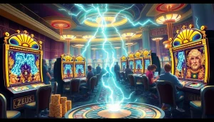 Experience the excitement of zeus slot as players engage with majestic slot machines in a luxurious casino setting.