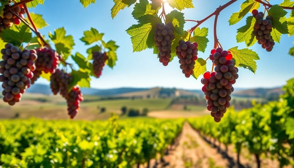Wineries in Clarksburg with lush vineyards and ripe grapes basking in sunlight.