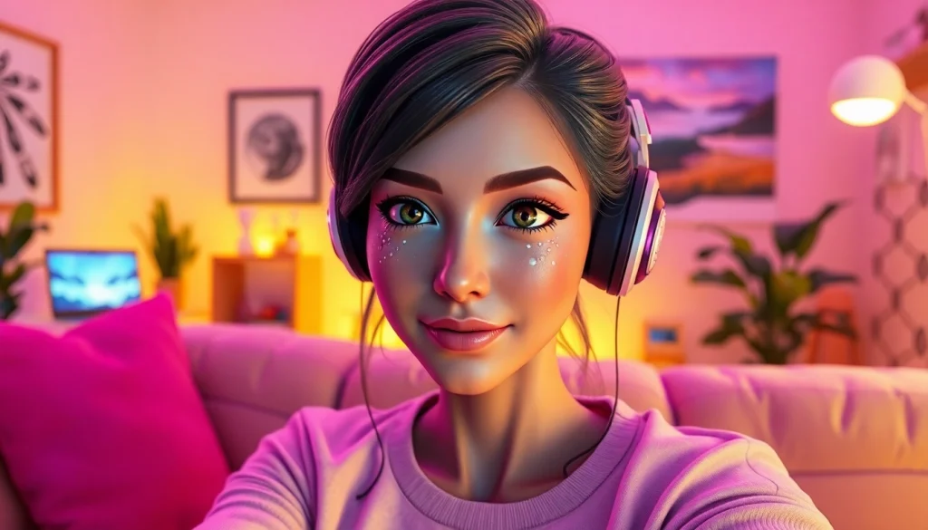 AI girlfriend in a cozy futuristic room, showcasing engaging traits and a warm atmosphere.