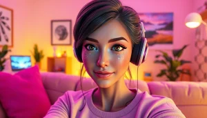 AI girlfriend in a cozy futuristic room, showcasing engaging traits and a warm atmosphere.