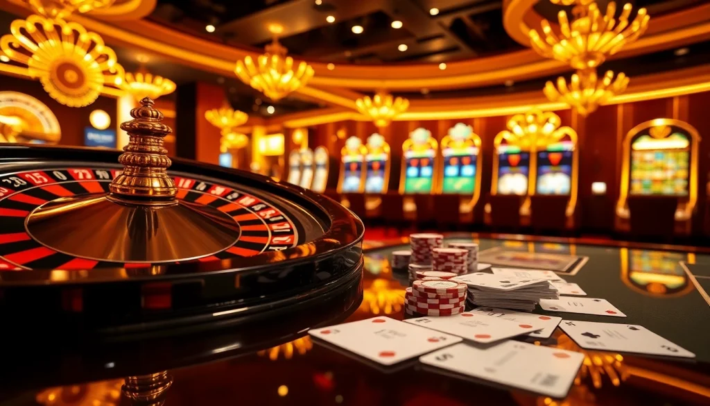 Experience rebahin excitement with illuminated slot machines and stacked poker chips in a luxurious casino.