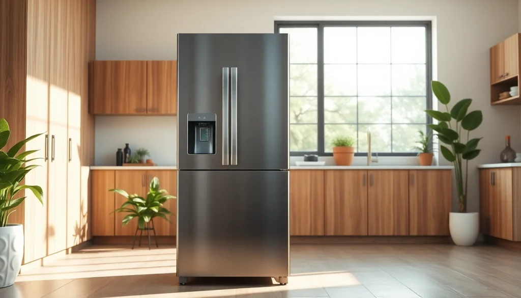 Showcasing stunning refrigerator sales in a contemporary kitchen, emphasizing modern design.