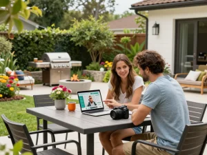Couple using an outdoor living configurator to design a vibrant backyard.