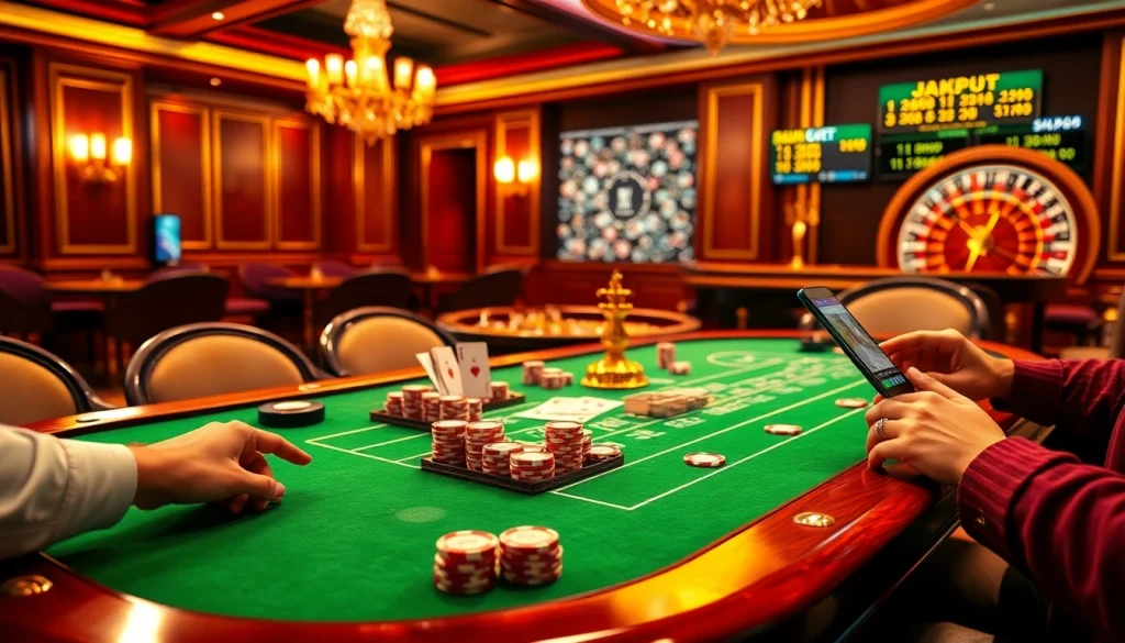 Sbobet link alternatif: Engaging online gamblers at a luxurious casino table with vibrant chips and cards.