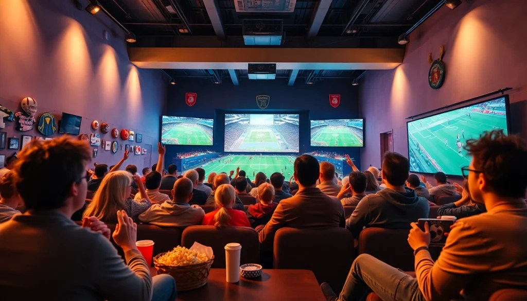 Excited fans enjoying a live sports event in a vibrant, community-themed space, embodying 토토스토리.