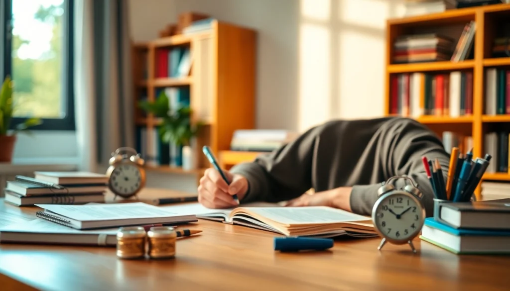 Engaging in exam preparation, a student focuses intently on study materials at a warm, inviting desk.