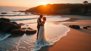Carmel wedding photography capturing a couple embracing on a beach, with a scenic sunset backdrop.