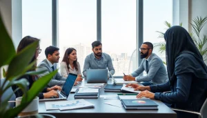 Professional team engaged in Corporate Tax Return Filing in UAE in a modern office setting.