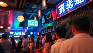 제주도의 활기찬 야경 장면, 네온 불빛과 에너지가 넘치는 손님들이 있는 제주도유흥 장소를 강조합니다.