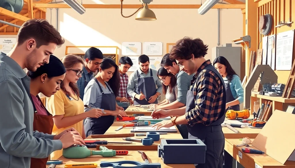Engaging construction craft training session with diverse participants using hands-on skills.