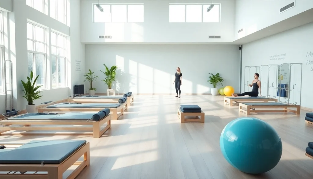 ウェルネスのための、おすすめ機材と落ち着いた雰囲気を強調したプロ仕様のピラティススタジオ風景。