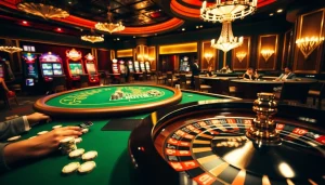 Action de jeu passionnante dans un casino en ligne France avec roulette et tables de casino remplies de joueurs.