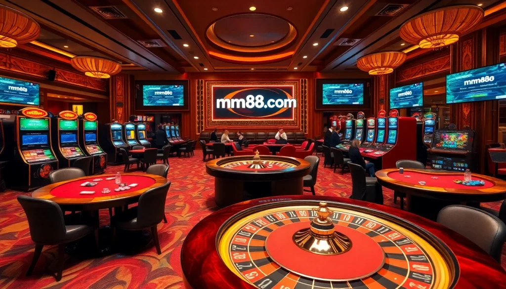 Excited players engaging in games at mm88 com casino, showcasing poker tables and vibrant slot machines.