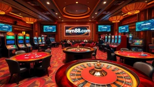 Excited players engaging in games at mm88 com casino, showcasing poker tables and vibrant slot machines.