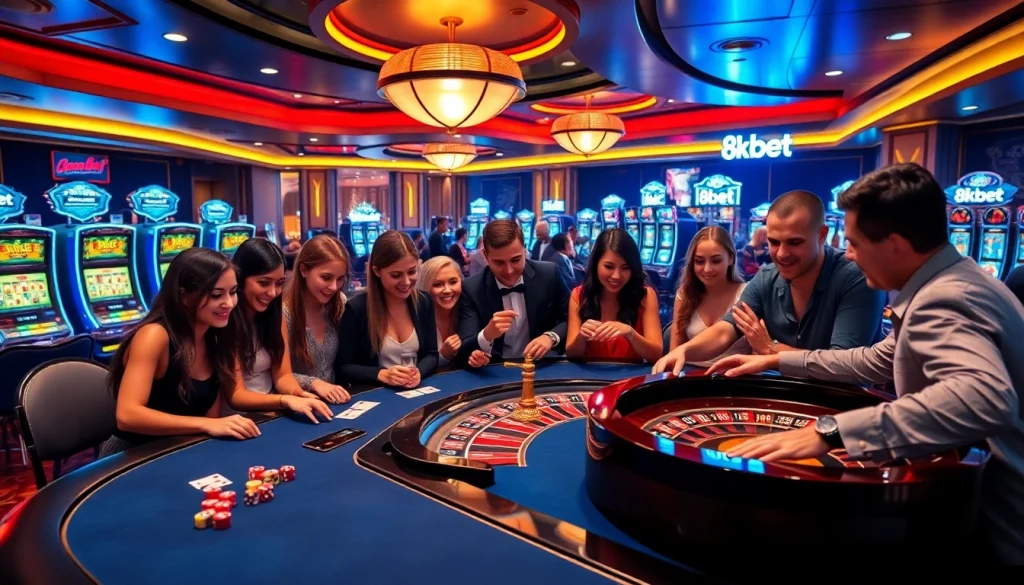 Experience the excitement of gambling at 8kbet with vibrant casino tables and enthusiastic players.