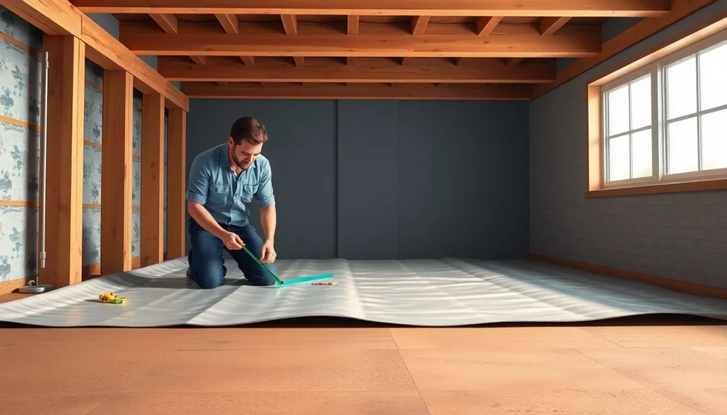 Technician performing Vapor Barrier Installation inside a residential crawl space.