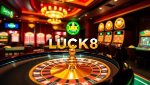 LUCK8 players enjoying a luxurious casino experience at a poker table with a roulette wheel in the backdrop.
