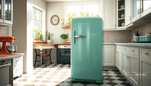 Mint green Retro Appliance positioned in a cozy, bright kitchen filled with vintage items.