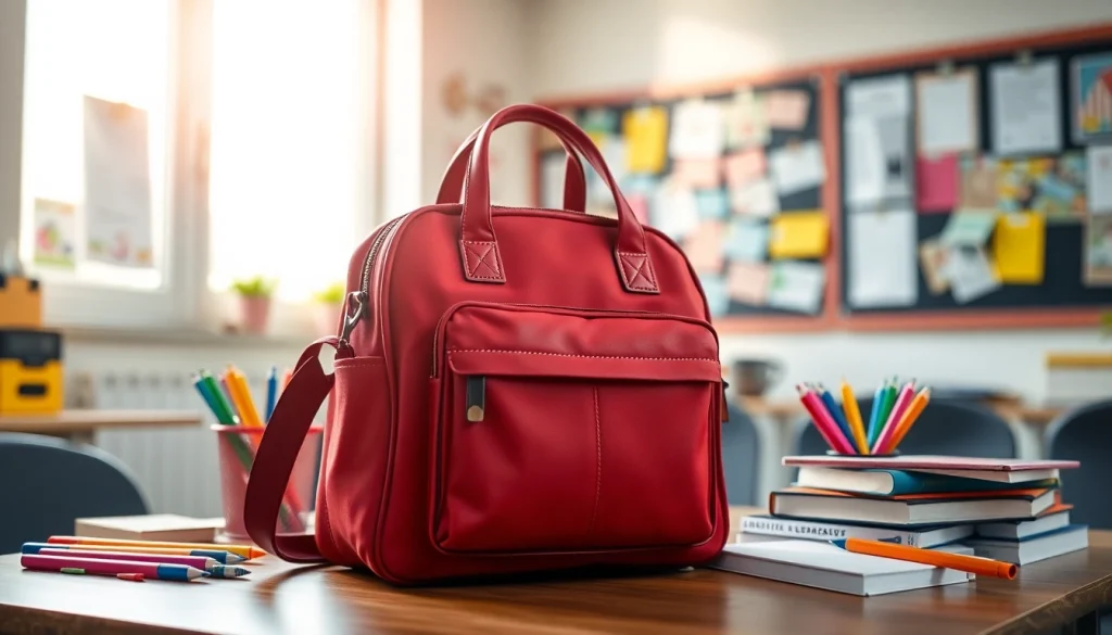 Präsentation einer Handytasche Schule auf einem Schreibtisch mit kreativen Schulsachen und Büchern.