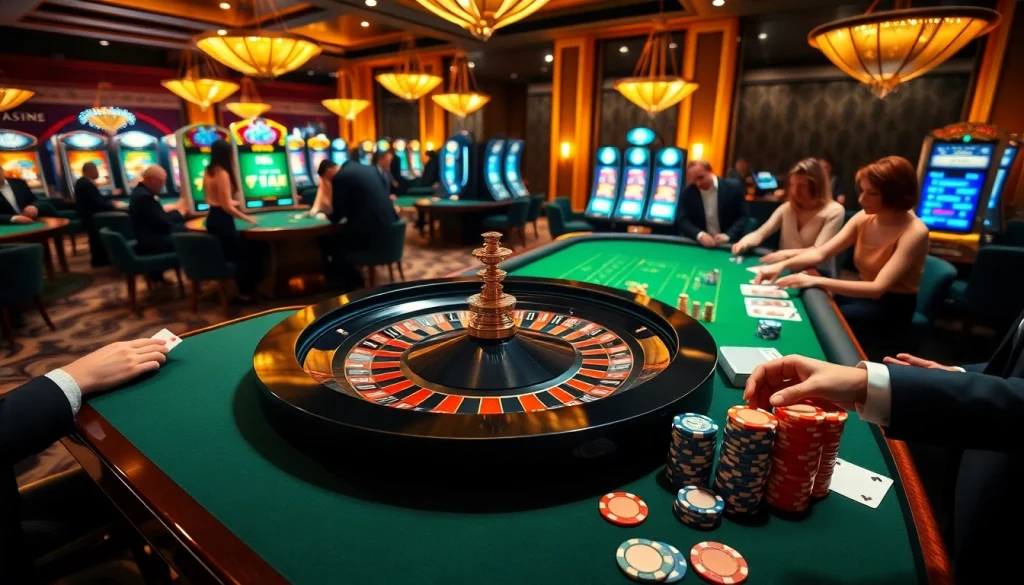 Découvrez le frisson ultime du casino en ligne France avec une scène de casino dynamique pleine d'excitation de jeu.