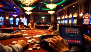 Des joueurs profitant d'un jeu dans un casino en ligne France vibrant, montrant luxe et excitation.