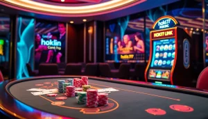 Engage with the latest hoki77 link at an upscale casino featuring vibrant slot machines and poker tables.