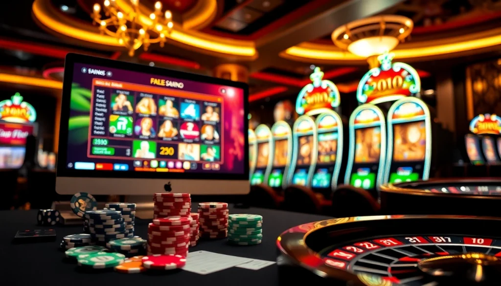 Découvrez l'excitation du casino en ligne France avec une scène de jeu en ligne luxueuse présentant des jetons vibrants, des machines à sous et de la roulette.