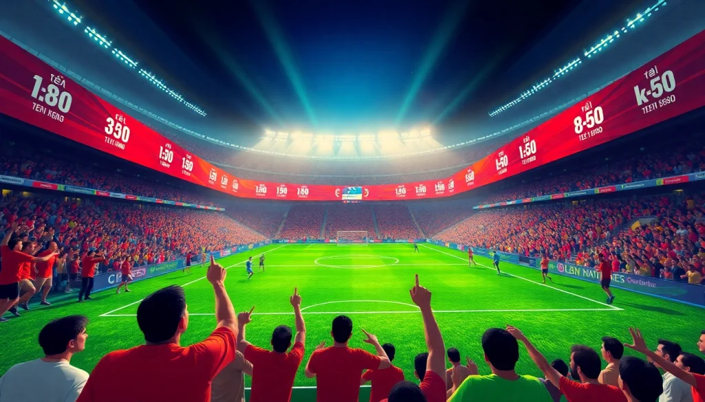 Tỷ lệ kèo displayed among enthusiastic football fans at a vibrant match.