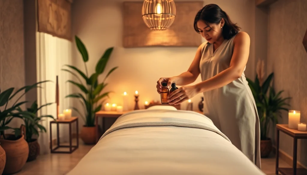 자연 오일과 편안한 분위기를 갖춘 마사지 테이블을 보여주는 진정 효과가 있는 마사지 요법 설정.