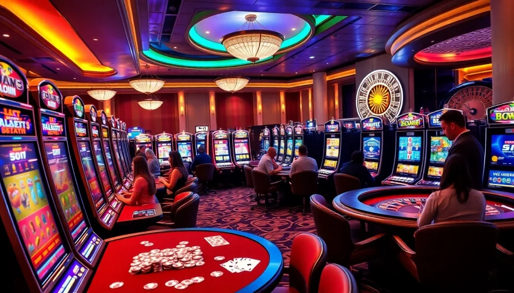 Players enjoying thrilling slot777 games at a luxurious casino filled with vibrant slot machines.