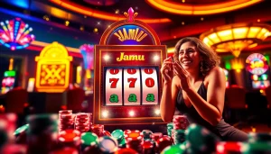 Exciting jamu slot action with vibrant casino atmosphere and colorful poker chips.