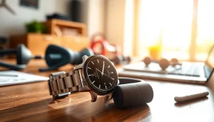 Showcasing a Pulse Smart Watch on a desk with fitness equipment, inspiring an active lifestyle.