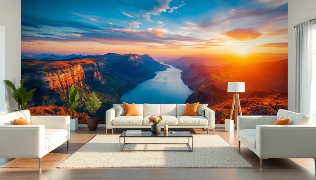 Oszałamiający druk ścienny (druk ścienny) przekształcający nowoczesny salon z żywym muralem.