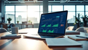 Visualize SEO Rank Tracker analytics on a laptop in a vibrant office environment.