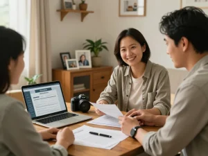 Engaging scene of cash home buyers helping a homeowner sell their home quickly, showcasing warmth and trust in a cozy living room.