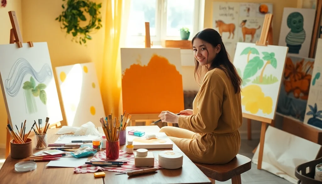 Image to prompt ai demonstrates artistic creativity with a young woman in a vibrant studio.