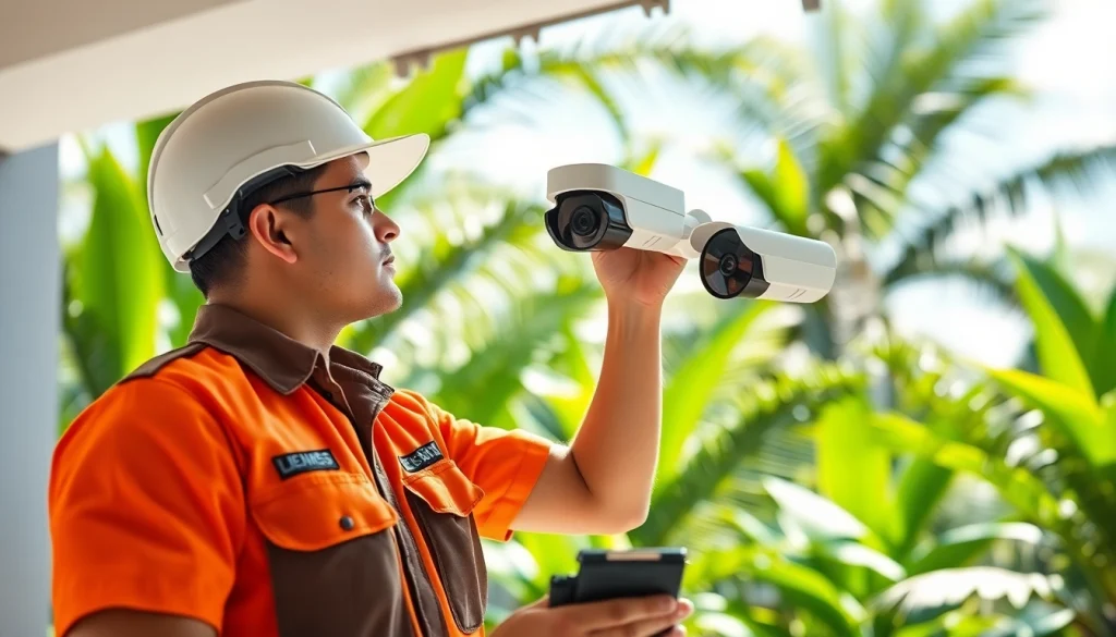Técnico de una empresa de seguridad instalando una cámara de seguridad moderna en una casa tropical en Costa Rica