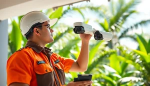 Técnico de una empresa de seguridad instalando una cámara de seguridad moderna en una casa tropical en Costa Rica